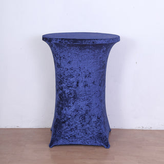 Elevate Your Event Decor with the Navy Blue Crushed Velvet Spandex Fitted Round Highboy Cocktail Table Cover