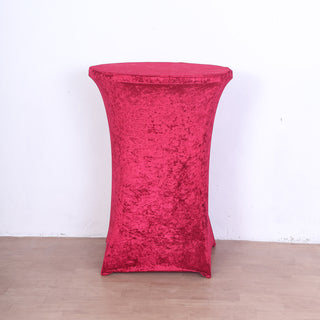 Add Elegance to Your Event with the Red Crushed Velvet Spandex Fitted Round Highboy Cocktail Table Cover