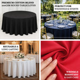 Premium cotton-blend round tablecloths in various colors for weddings and events.