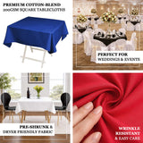 Premium cotton-blend square tablecloths for weddings and events. Wrinkle resistant.