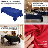 Premium cotton-blend rectangular tablecloths in navy, black, and red for events.