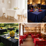 Various table settings with different tablecloths and decor in diverse environments.