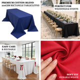 Premium cotton-blend tablecloths in various colors for weddings and events.