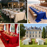 Elegant dining setups for outdoor events with festive decorations and table settings.