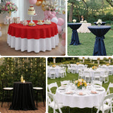 Tablecloths in various colors set for events outdoors and indoors.