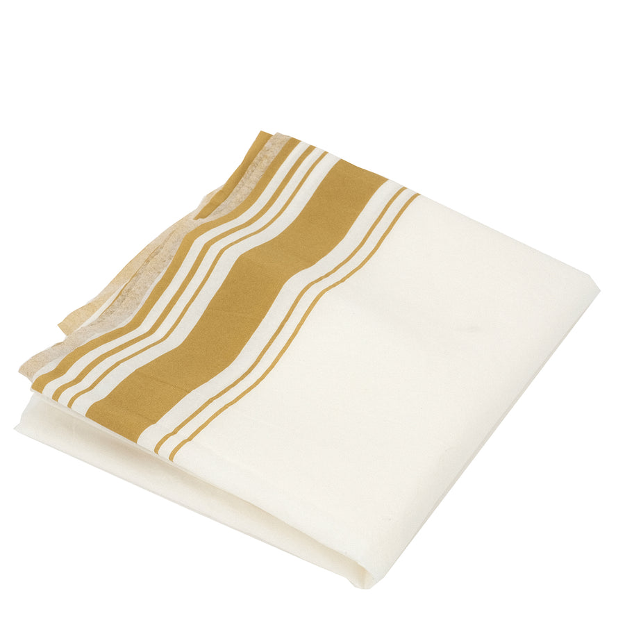 White Airlaid Paper Rectangle Tablecloth with Gold Striped Border