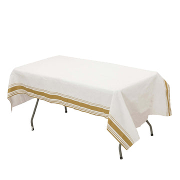 50"x108" White Airlaid Paper Rectangle Tablecloth with Gold Striped Border, Soft Linen-feel Disposable Table Cover