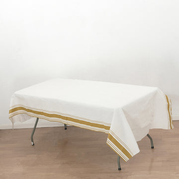 50"x108" White Airlaid Paper Rectangle Tablecloth with Gold Striped Border, Soft Linen-feel Disposable Table Cover