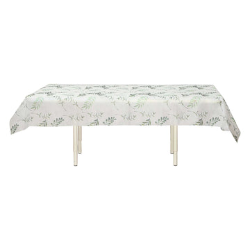 60"x102" White Green Non-Woven Rectangular Table Cover With Olive Leaves Print, Spring Summer Dining Tablecloth