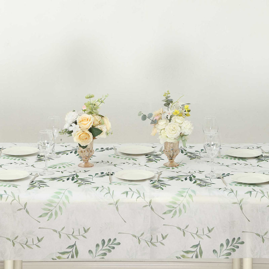 60x102inch White Green Non-Woven Rectangular Table Cover With Olive Leaves Print, Spring Summer