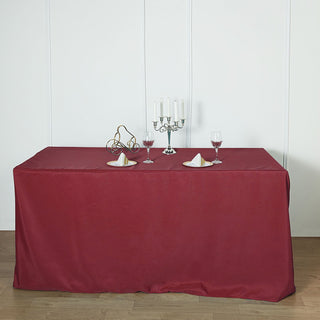 Elevate Your Event with the 6ft Burgundy Fitted Polyester Rectangular Table Cover
