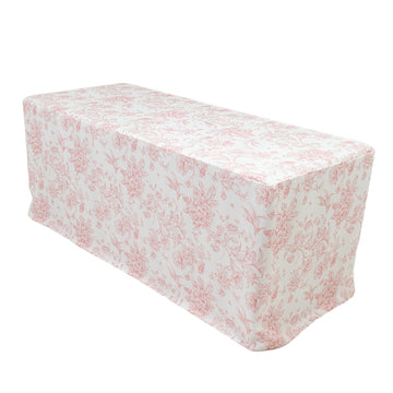 French Toile Fitted Tablecloth 6ft – Pink & White Rectangular Polyester Wrinkle-Resistant Table Cover