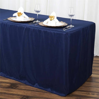 Add Elegance to Your Event with the 6ft Navy Blue Fitted Polyester Rectangular Table Cover