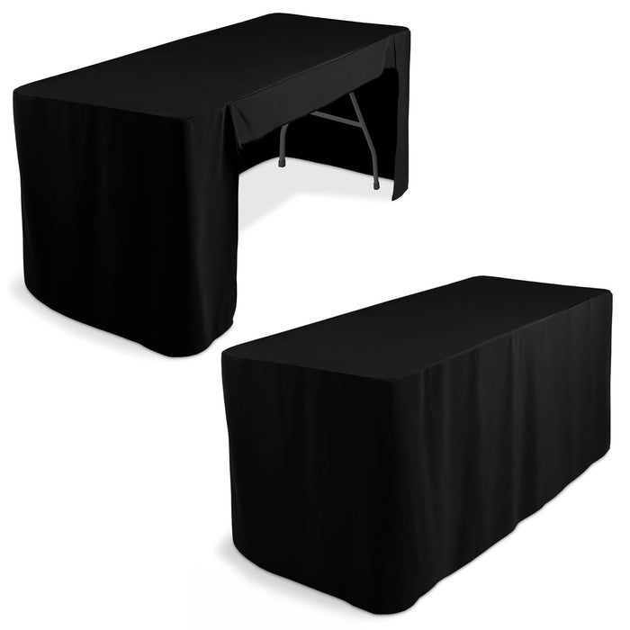 6ft Black Open Back Fitted Polyester Rectangle Tablecloth, Trade Show Table Cover