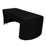 Black tablecloth draped over a folding table for events and gatherings.