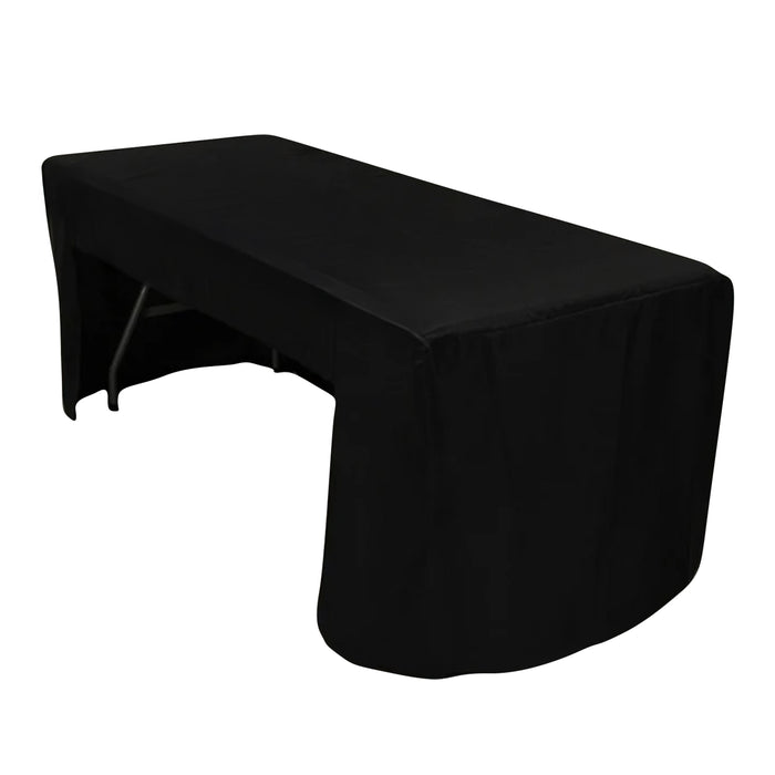 Black tablecloth draped over a folding table for events and gatherings.