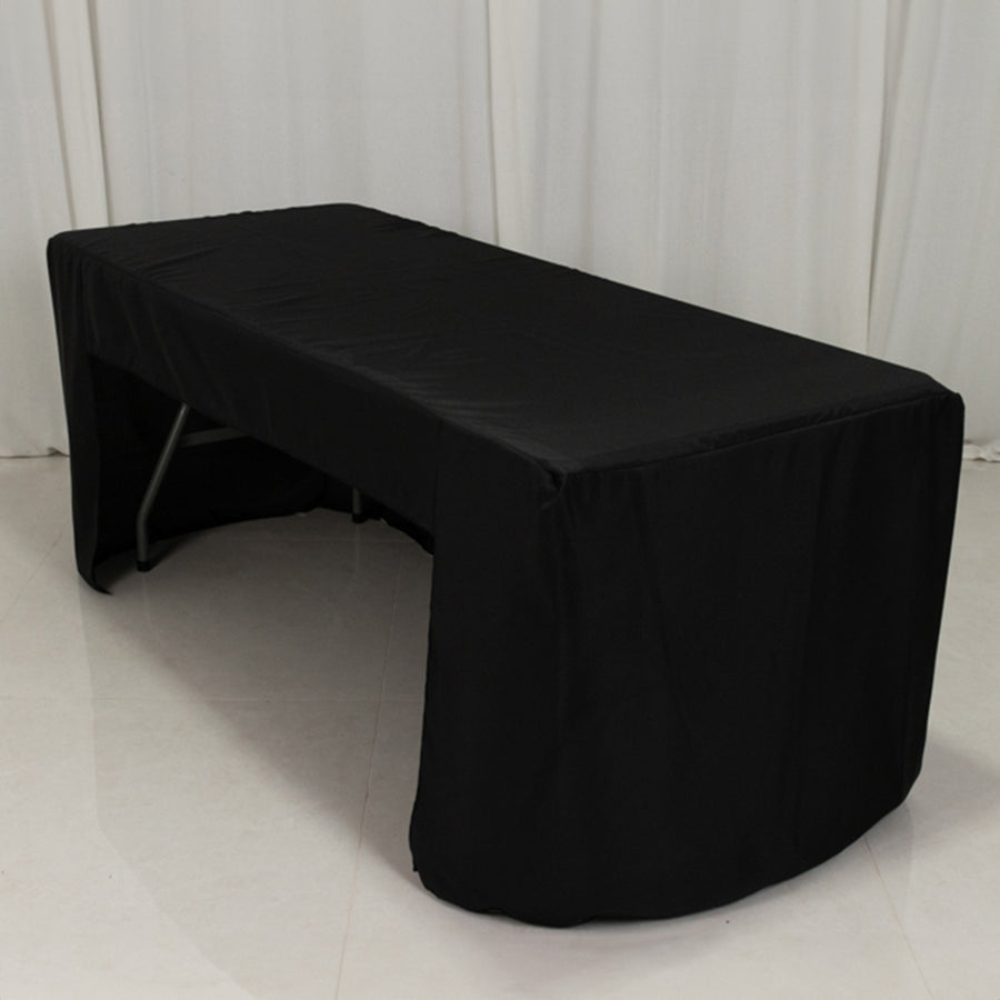 6ft Black Open Back Fitted Polyester Rectangle Tablecloth, Trade Show Table Cover