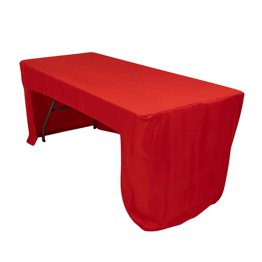 Red tablecloth draped over a folding table