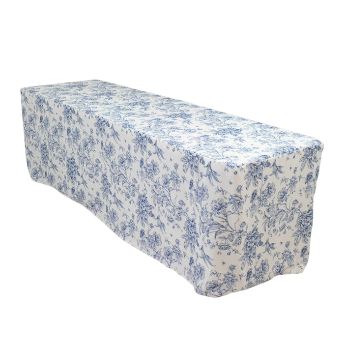 French Toile Fitted Tablecloth 8ft – Blue & White Rectangular Polyester Wrinkle-Resistant