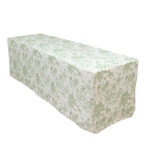 French Toile Fitted Tablecloth 8ft – Dusty Sage Green & White Rectangular Polyester 