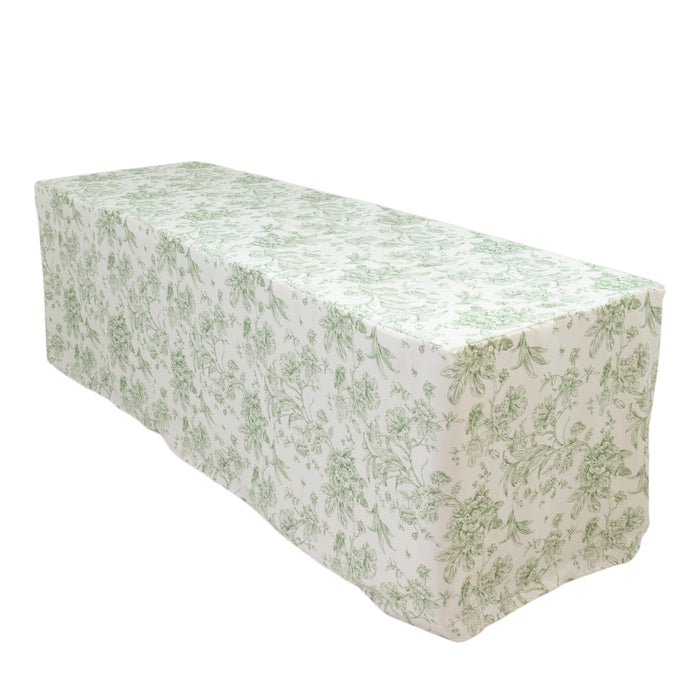 French Toile Fitted Tablecloth 8ft – Dusty Sage Green & White Rectangular Polyester