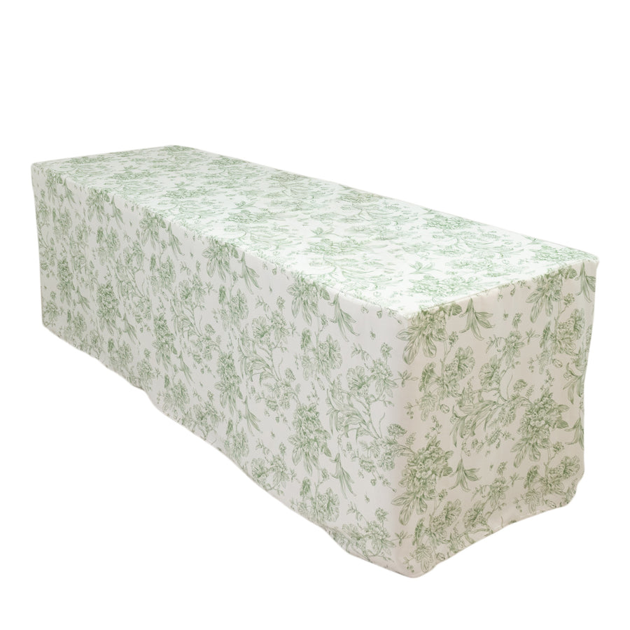 French Toile Fitted Tablecloth 8ft – Dusty Sage Green & White Rectangular Polyester 