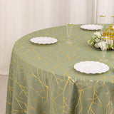 Dusty Sage Green Round Polyester Tablecloth With Gold Foil Tree Branch Pattern - 120inch for 5 Foot