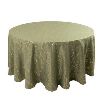 Dusty Sage Green Round Polyester Tablecloth With Gold Foil Tree Branch Pattern - 120" for 5 Foot Table With Floor-Length Drop