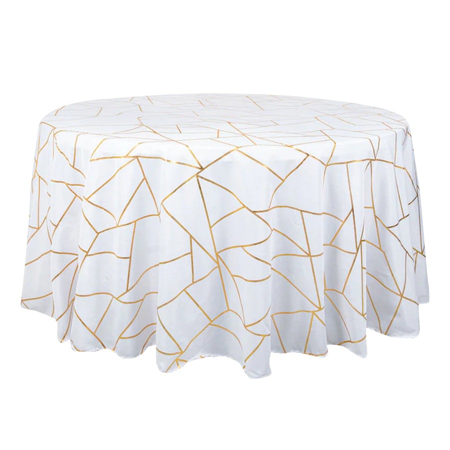 Round tablecloth with a gold geometric pattern on a white background