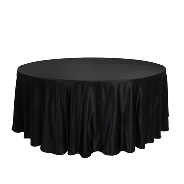 Lamour Satin 108" Round Tablecloth Black - Durable & Silk-Like Table Cover for Classy Weddings & Events