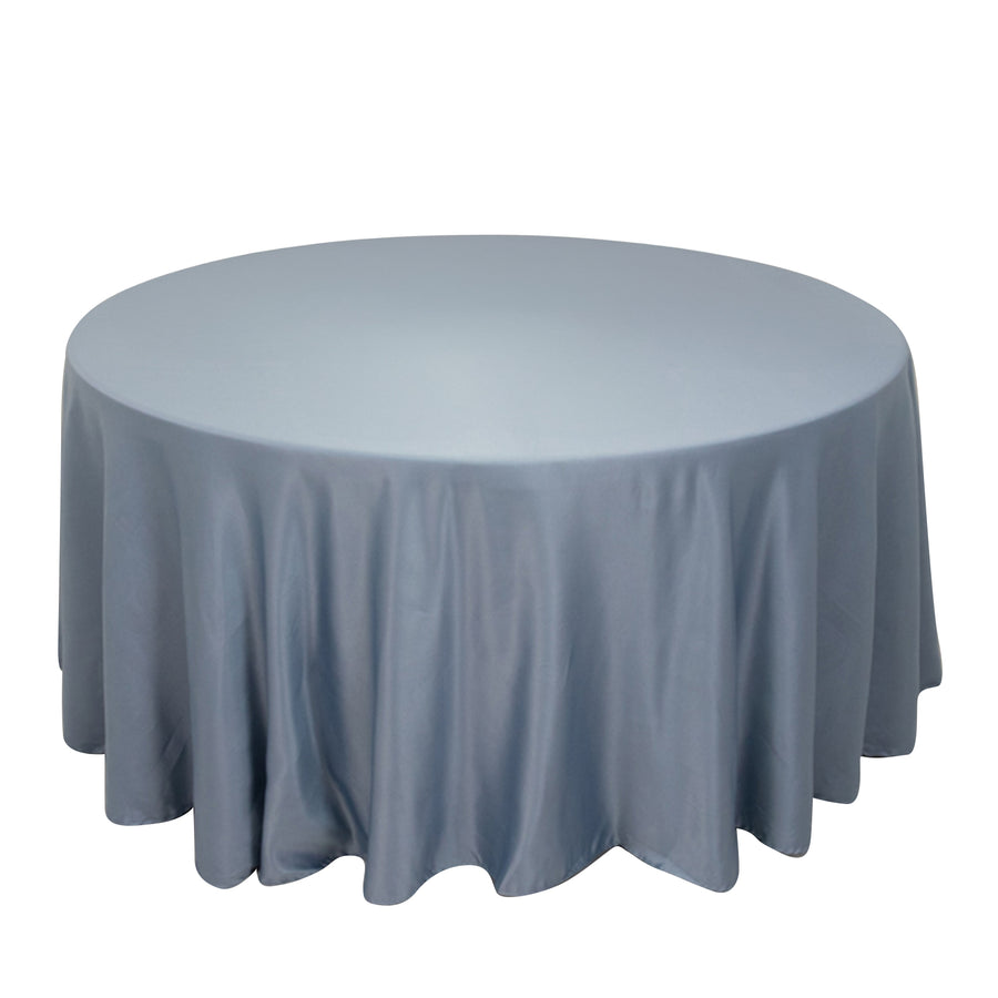 120 Dusty Blue Seamless Lamour Satin Round Tablecloth for 5 Foot Table With Floor-Length Drop