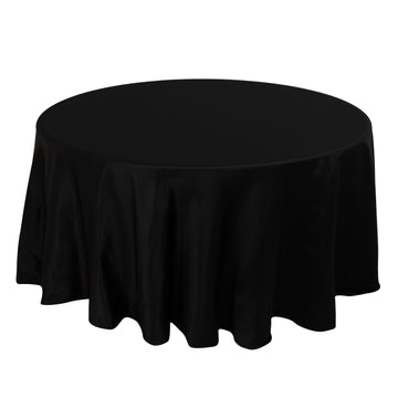 Lamour Satin 120" Round Tablecloth Black - Seamless Table Cover with Soft Tempered Sheen for Upscale Gatherings