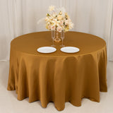 120 Gold Seamless Lamour Satin Round Tablecloth for 5 Foot Table With Floor-Length Drop