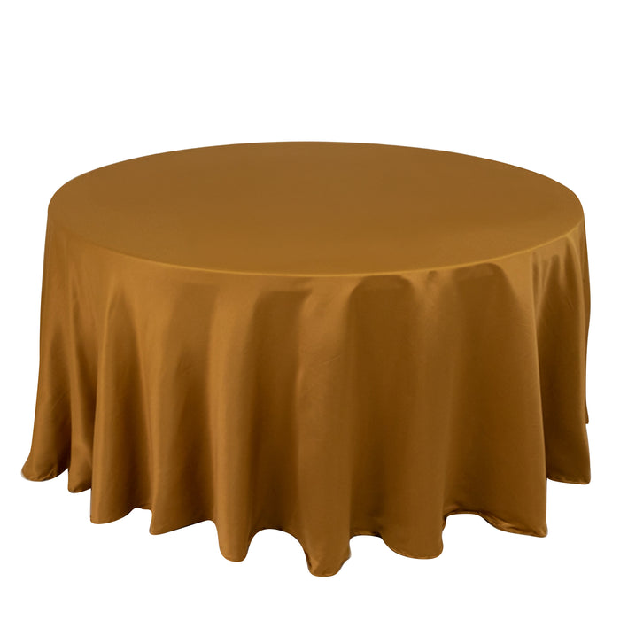 120 Gold Seamless Lamour Satin Round Tablecloth for 5 Foot Table With Floor-Length Drop