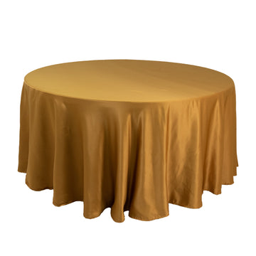 Lamour Satin 120" Round Tablecloth Gold - Seamless Table Cover with Soft Tempered Sheen for Upscale Gatherings