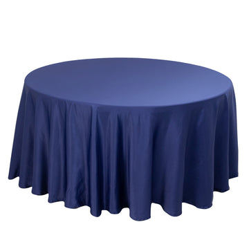 120" Navy Blue Seamless Lamour Satin Round Tablecloth for 5 Foot Table With Floor-Length Drop