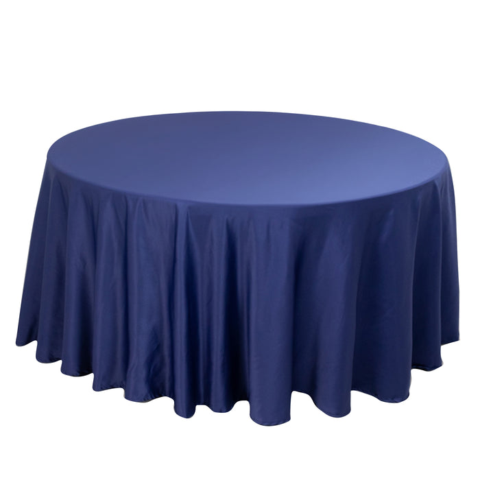 120 Navy Blue Seamless Lamour Satin Round Tablecloth for 5 Foot Table With Floor-Length Drop