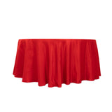 120inch Red Seamless Lamour Satin Round Tablecloth for 5 Foot Table With Floor-Length Drop