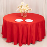 120inch Red Seamless Lamour Satin Round Tablecloth for 5 Foot Table With Floor-Length Drop