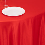 120inch Red Seamless Lamour Satin Round Tablecloth for 5 Foot Table With Floor-Length Drop