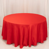 120inch Red Seamless Lamour Satin Round Tablecloth for 5 Foot Table With Floor-Length Drop