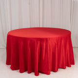 120inch Red Seamless Lamour Satin Round Tablecloth for 5 Foot Table With Floor-Length Drop