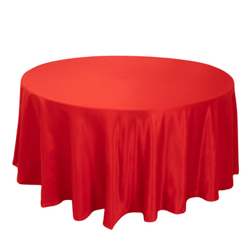 120" Red Seamless Lamour Satin Round Tablecloth for 5 Foot Table With Floor-Length Drop