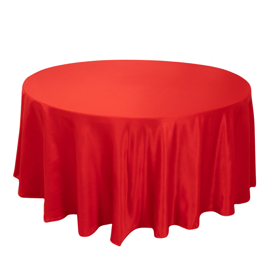 120inch Red Seamless Lamour Satin Round Tablecloth for 5 Foot Table With Floor-Length Drop