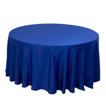 120" Royal Blue Seamless Lamour Satin Round Tablecloth for 5 Foot Table With Floor-Length Drop