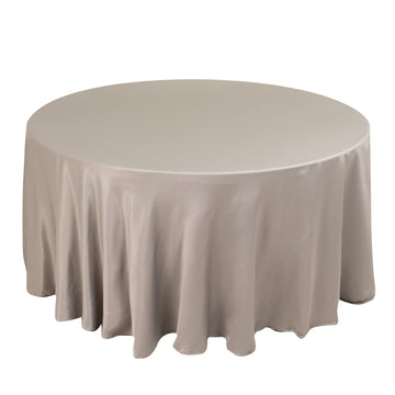 120" Silver Seamless Lamour Satin Round Tablecloth for 5 Foot Table With Floor-Length Drop