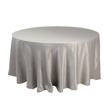 Lamour Satin 120" Round Tablecloth Silver - Seamless Table Cover with Soft Tempered Sheen