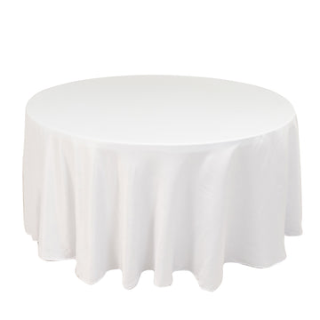 120" White Seamless Lamour Satin Round Tablecloth for 5 Foot Table With Floor-Length Drop