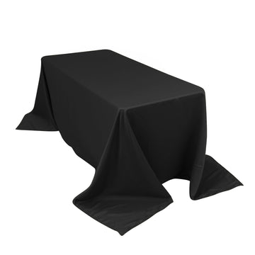 90"x132" Black Seamless Lamour Satin Rectangle Tablecloth for 6 Foot Table With Floor-Length Drop