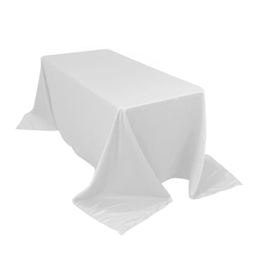 90"x132" White Seamless Lamour Satin Rectangle Tablecloth for 6 Foot Table With Floor-Length Drop